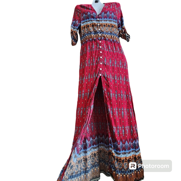 R. Vivimos Southwestern Aztec Print Button-Up Flowing Feminine Maxi Dress L - Picture 11 of 15